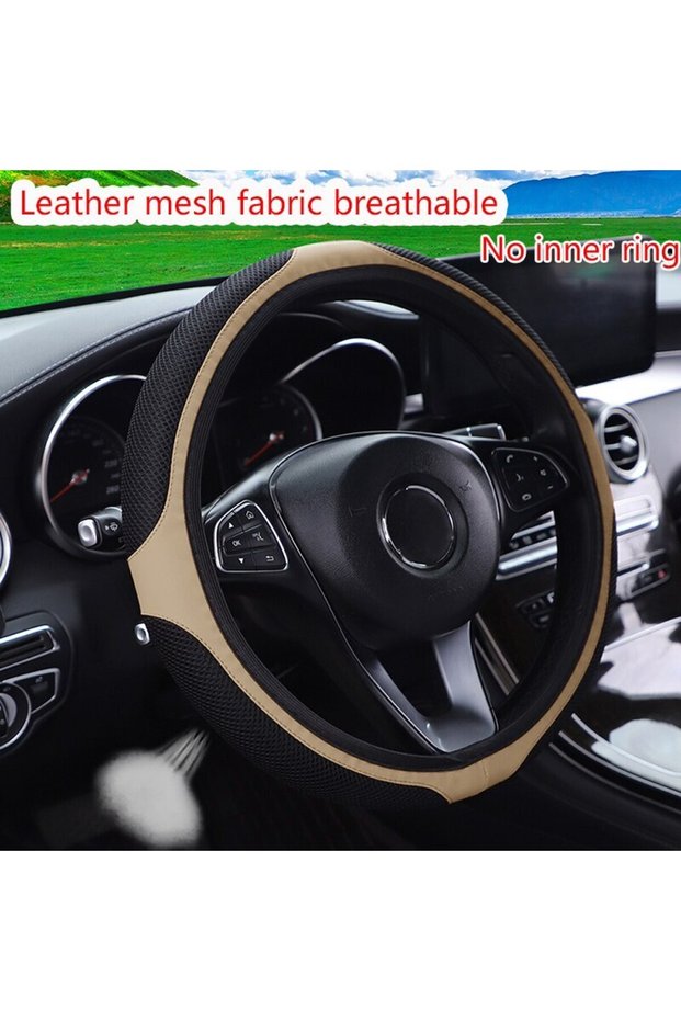 PW Beige Car Steering Wheel Cover Without Inner Ring 37-38cm Three-dimensional Leather Embroidered C