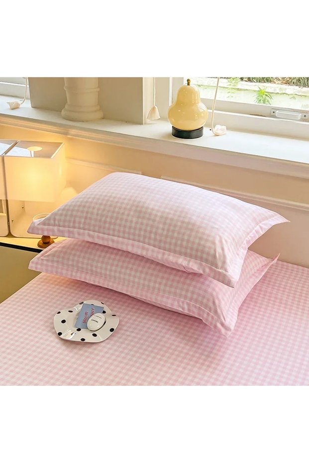 2pcs Pillowcase Xindong-Pink 2pcs Set Pillowcase Envelope Style Plaid Couples Plain Ins 48x74cm Home