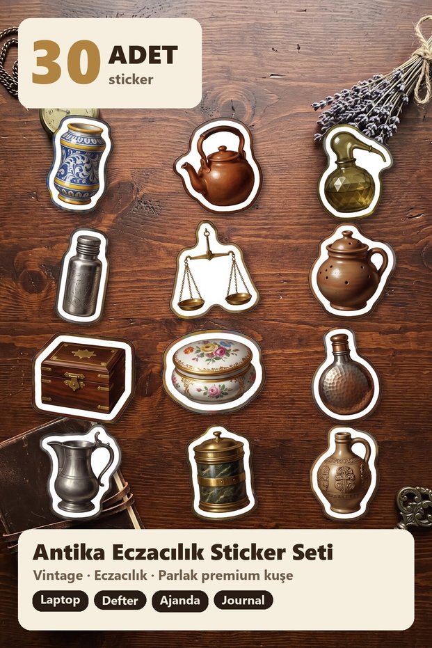 30 Pieces Antique Pharmacy Sticker Set - Laptop, Agenda, Notebook