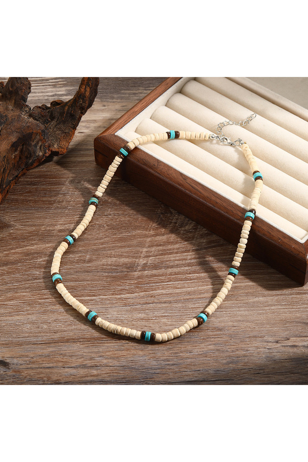 white Noter Men Natural Coconut Beads Wooden Necklace 19 Inches Short Choker Collar Handmade Collier