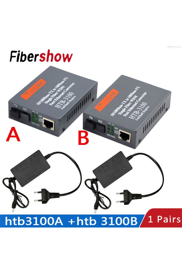 1pair EU Power Media Converter HTB-3100 Fiber Optical Single Mode Single Fiber SC Port 20KM External