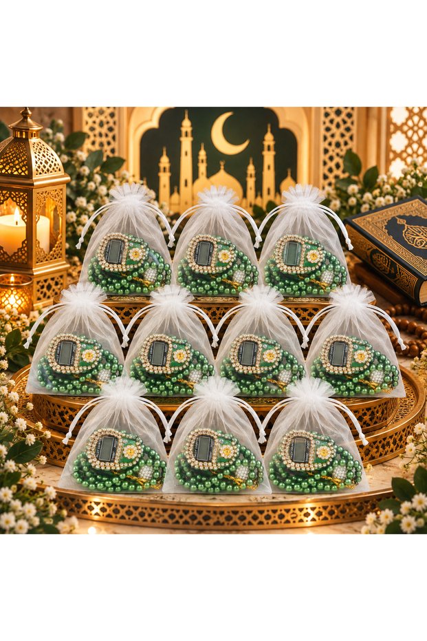 10 Pieces Green Gift Tulle Pouch with Pearl Prayer Beads and Stone Zikirmatik (Mevlid-Hac-Umre-Sünnet)