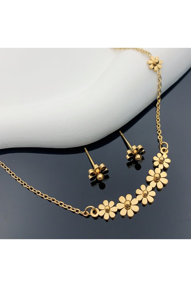 Other 50cm Light Yellow Gold Color 3 Piece Set New Ladies Stainless Steel Sunflower Necklace Earring