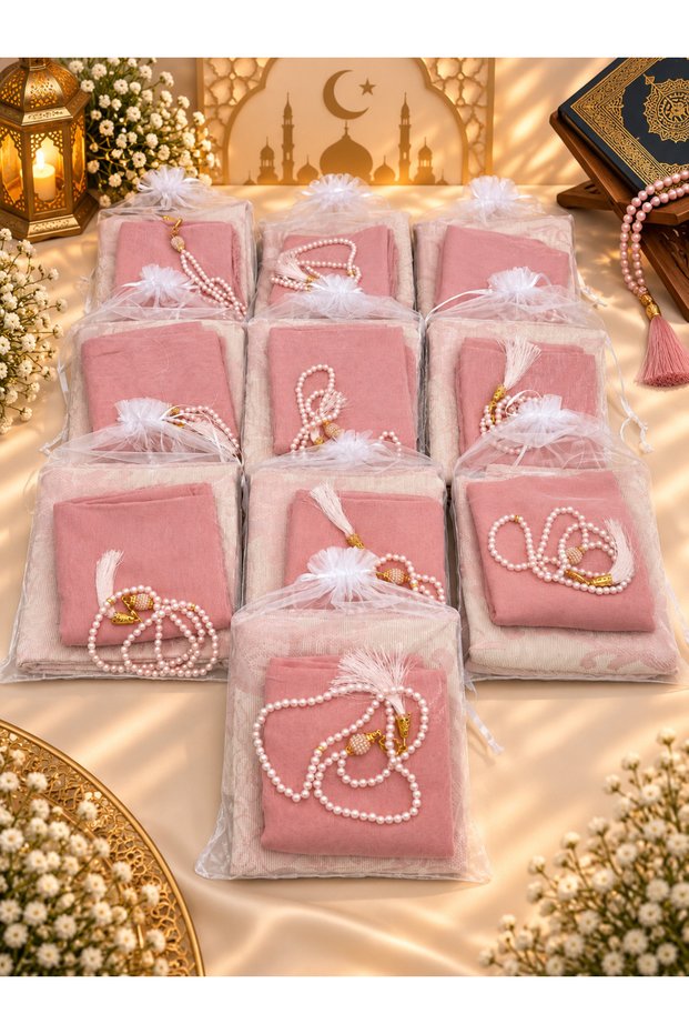 10 pieces of pink gift (dowry-mevlut-hajj-umra) prayer mat with flame cover tasbih set