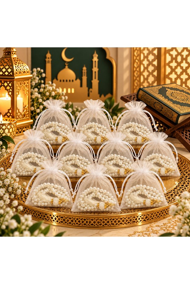 10 White Gift Tulle Pouch Pearl Prayer Beads (Mevli̇d-Hac-Umre-Sünnet)