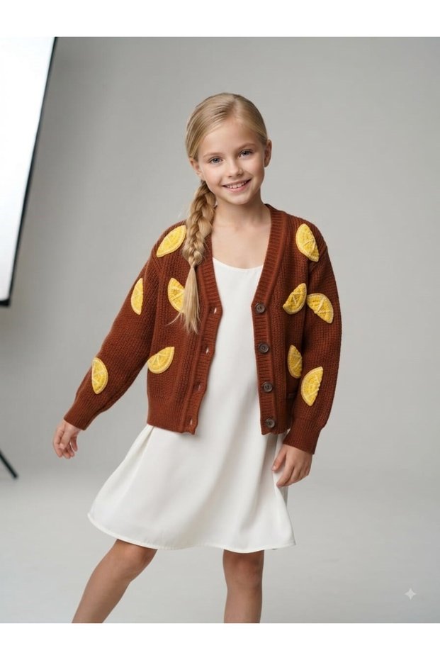 Girl's Lemon Embroidered Motif Knitwear Cardigan and Hair Clip