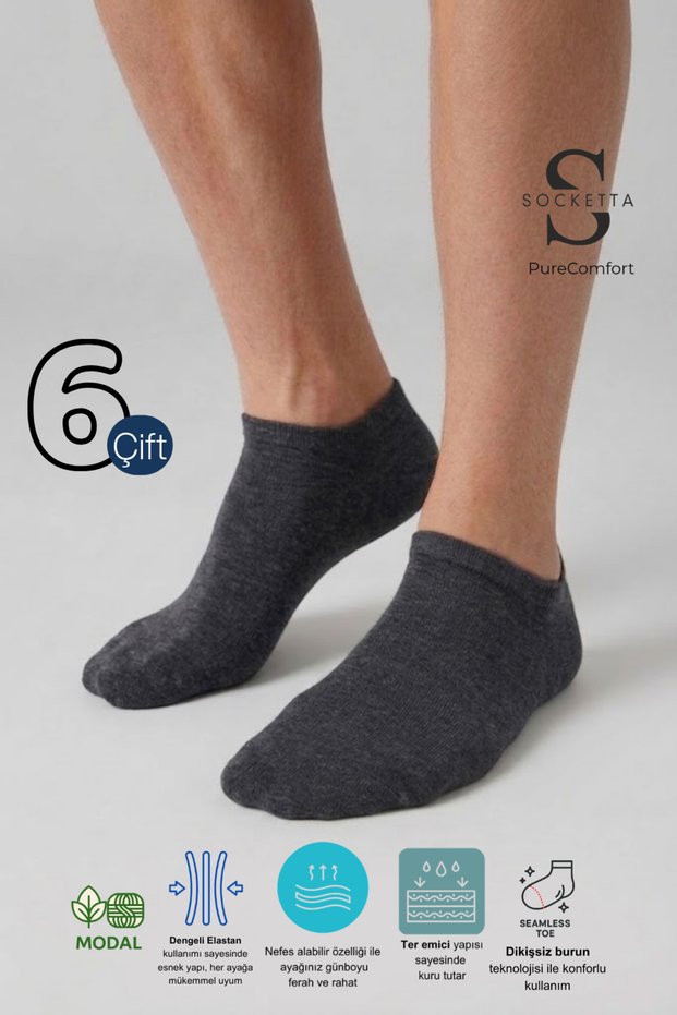6-Piece Anthracite Melange Men's Modal Seamless Flexible Bootie Socks - Premium