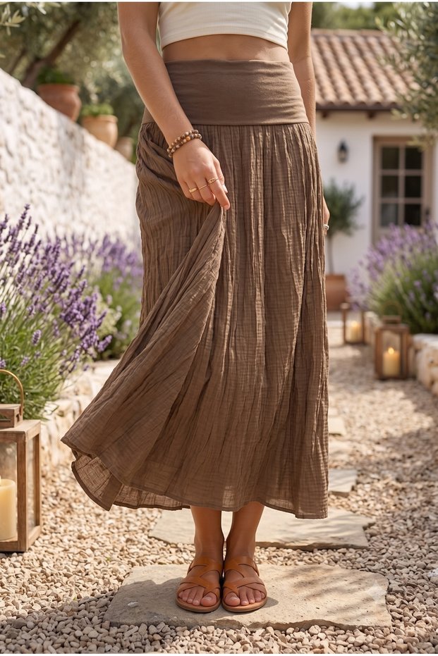 Camel Lined Foldable Fabric Waist Casual Cotton Long Woven Skirt 95 65
