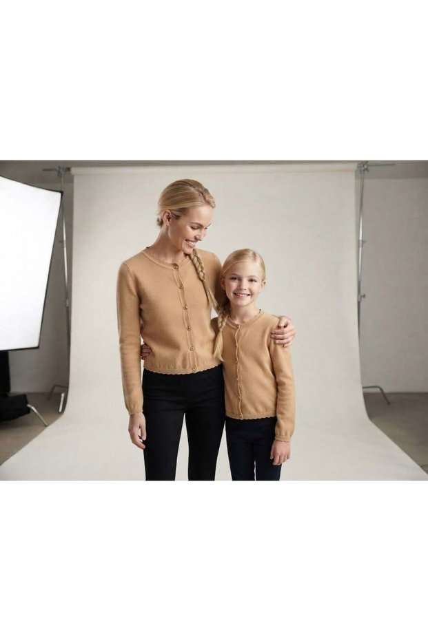 Mother and daughter gold buttoned ruffle trim knit cardigan