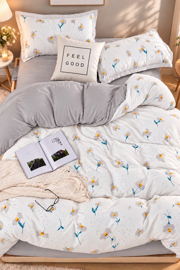 Double-Sided Double Duvet Cover Set with Elastic Sheet Eylül White