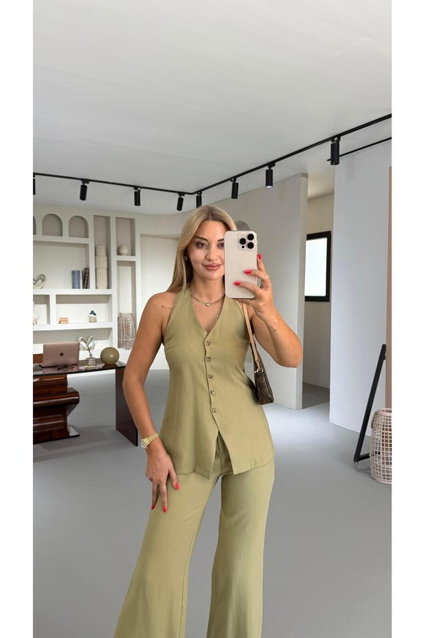 Khaki Vest with Bone Button Back Detail