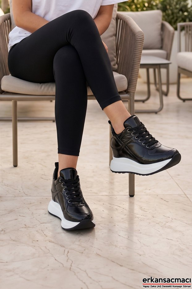 Aurelia Black White Patent Leather Croco Patterned Lace up Hidden Padding Casual Shoes