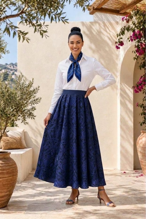 Venera Black Blue Oriental Floral and Ruby Patterned Double Lined Silky Textured Chiffon Skirt