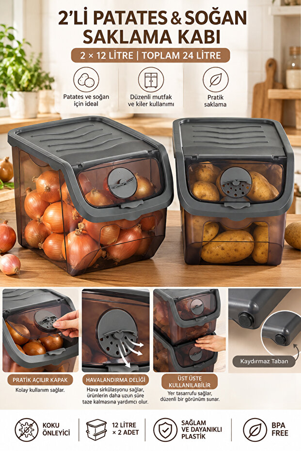 Coral 2-Piece Multi-Purpose Plastic Potato Onion Garlic Storage Box 12 Liters - Gray