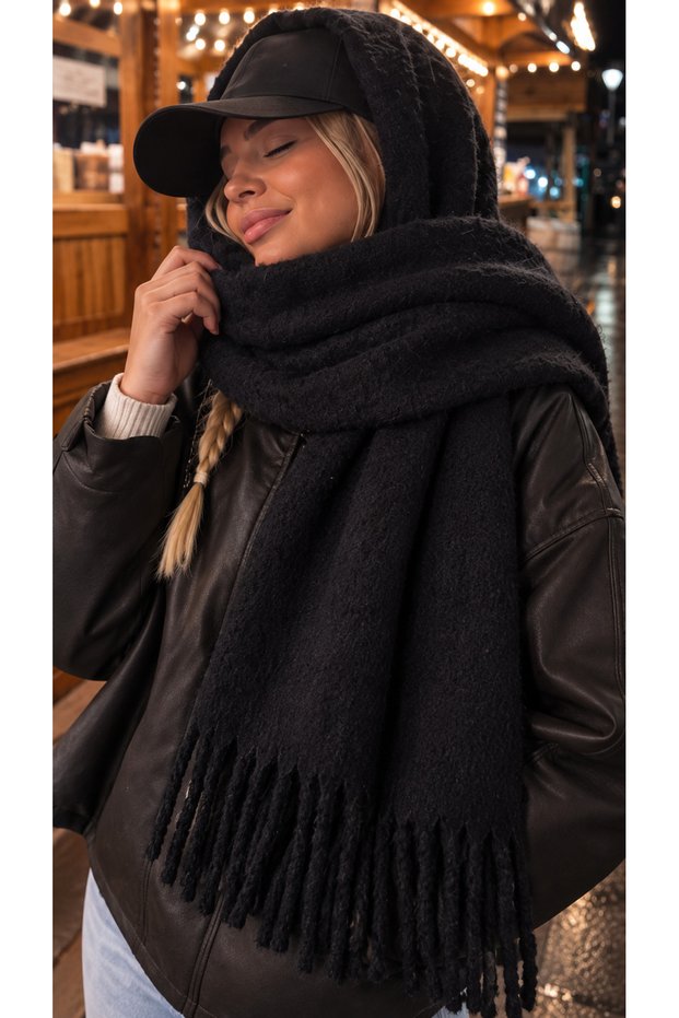 Black Thick Tassel Shawl – Soft and Wide Structure, Ideal for Cold Weather Sal1257
