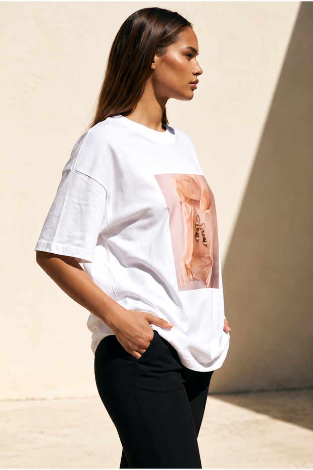 Ecru Oversize Crew Neck Jewelry Themed Printed Basic Short Sleeve Women's T-Shirt