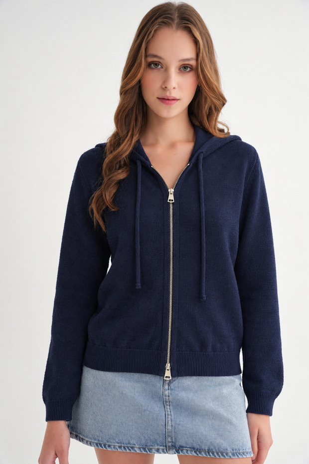 7076 Women's Hooded Zippered Soft Textured Knitwear Cardigan Navy Blue