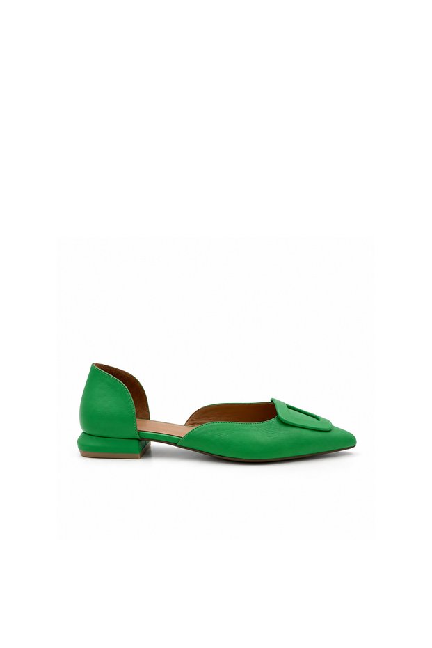 Green Genuine Leather Low Heeled Women's Ballerina Shoes
