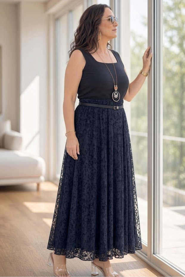 Thin Belt Detail, Flock Print Pattern, Elastic Waist, Lined, Plus Size Tulle Skirt