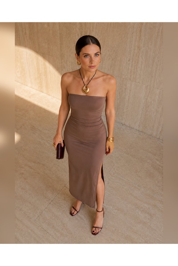 Brown Strapless Slit Combed Cotton Dress