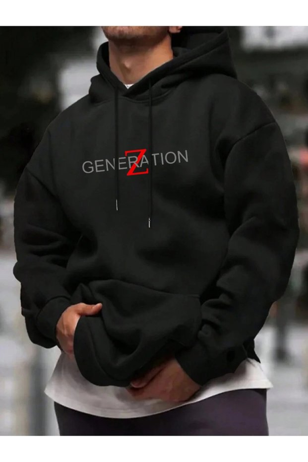 Unisex Black Oversized Hooded 100% Cotton 3 Thread B Printed Hoodie Wide Size