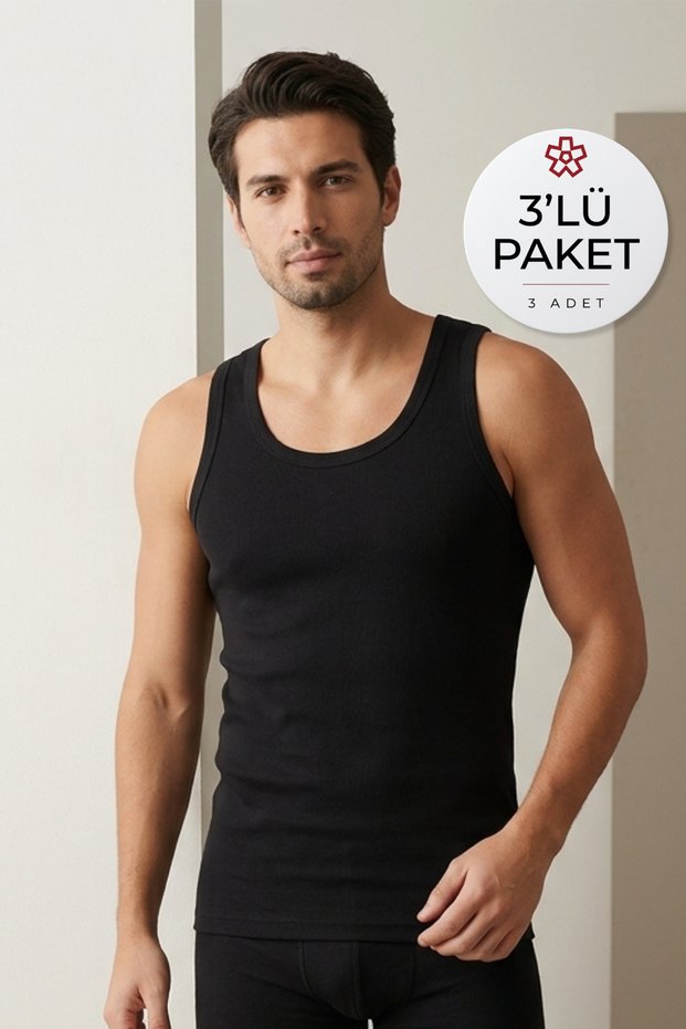 Ribana Men's Undershirt Black 100% Cotton 3-Pack