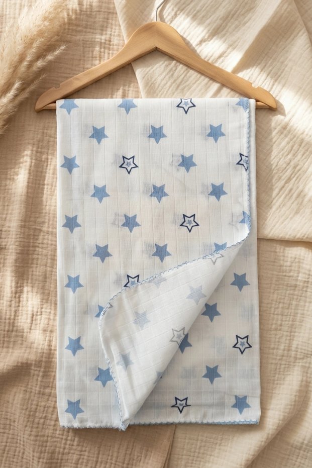 Blue Star Patterned Cotton Muslin Baby Blanket with Piping and Embroidered Edges 90*90 cm