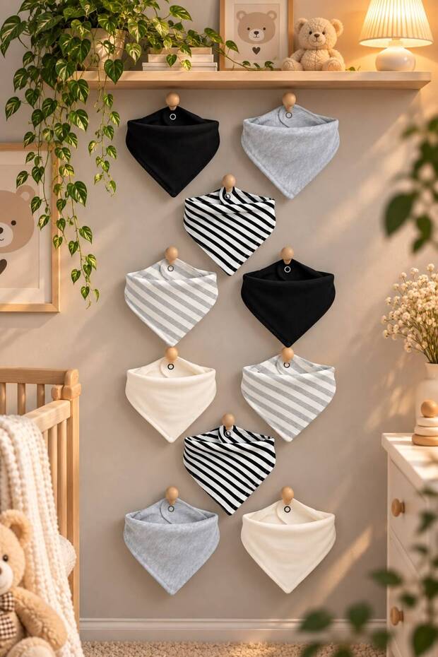 Baby 100% Cotton Double Layer Black White Striped and Plain Scarf Baby Bib - Drool Bib Set 10 Pieces