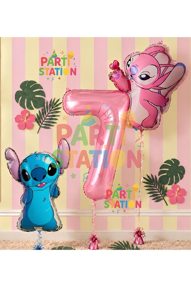 Lilo Stitch and Angel Balloon Set 7 Years Old 3 Piece Pink Number Balloon Birthday Party Set