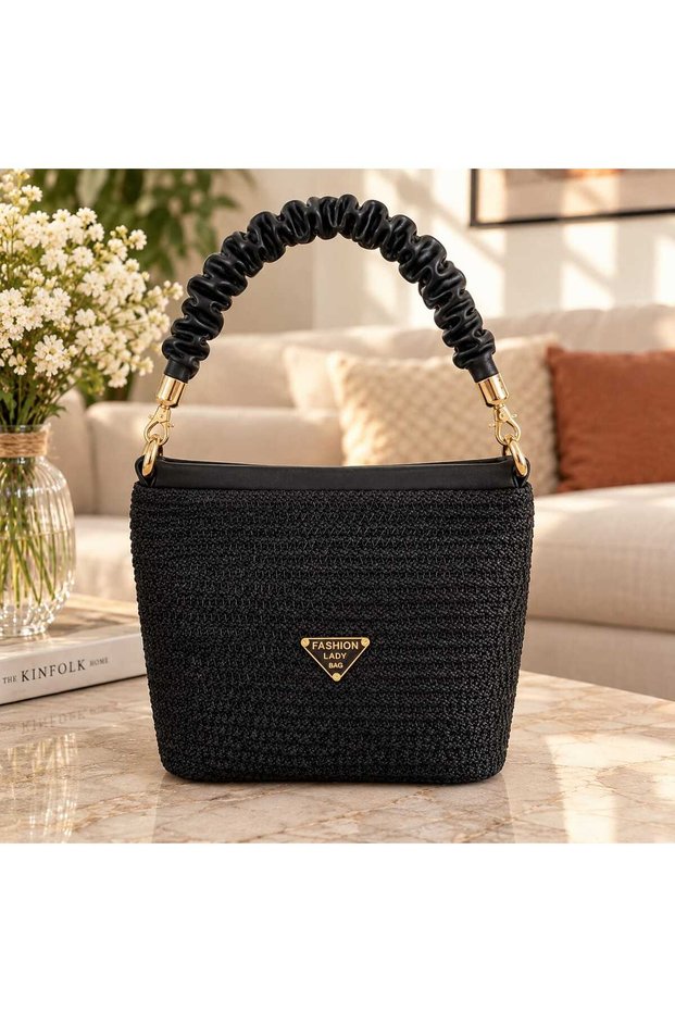 Women's Black Knitted Textured Shoulder Bag - Stylish Hand and Shoulder Bag with Magnetic Magnet-Coated Drawstring Leather Strap (22X32 cm)