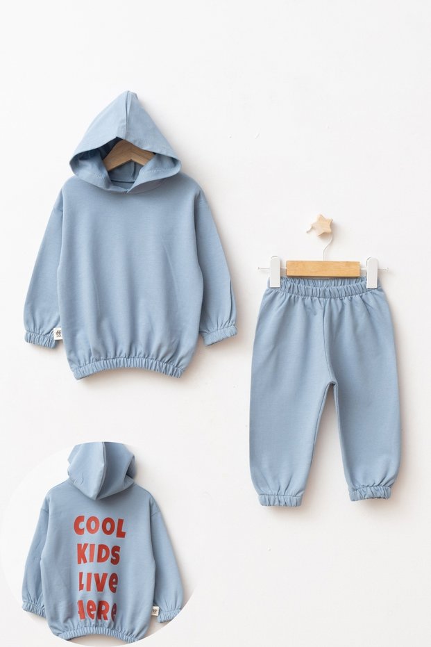 100% Cotton Unisex Oversize Comfortable Fit Children's Hooded Tracksuit Set with Elastic Waist and Cuffs and Printed Back