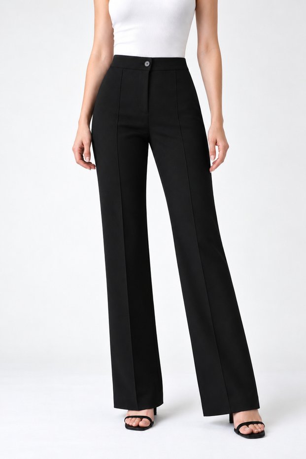 Women's Premium High Waist Shaping / Sculpting Corded Fabric Flared Black Palazzo Trousers