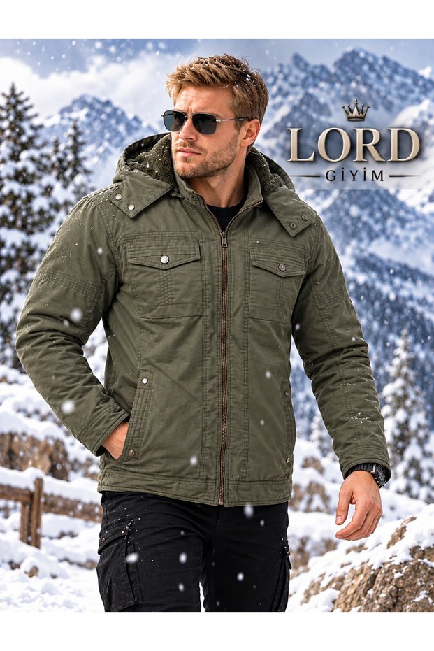 Men's Military Green Fur-Lined Hooded Coat