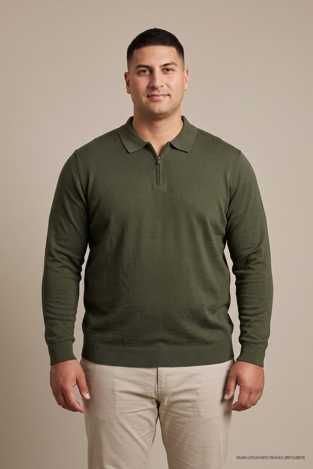 Men's Plus Size Basic Khaki Zippered Sweatshirt