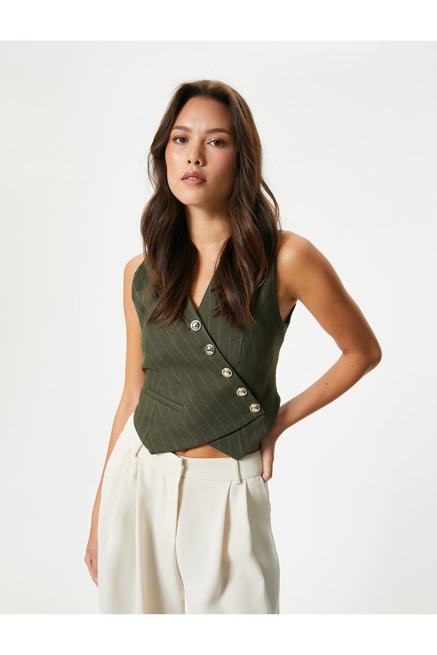 Green Striped Women's Vest 4Wak20041Uw