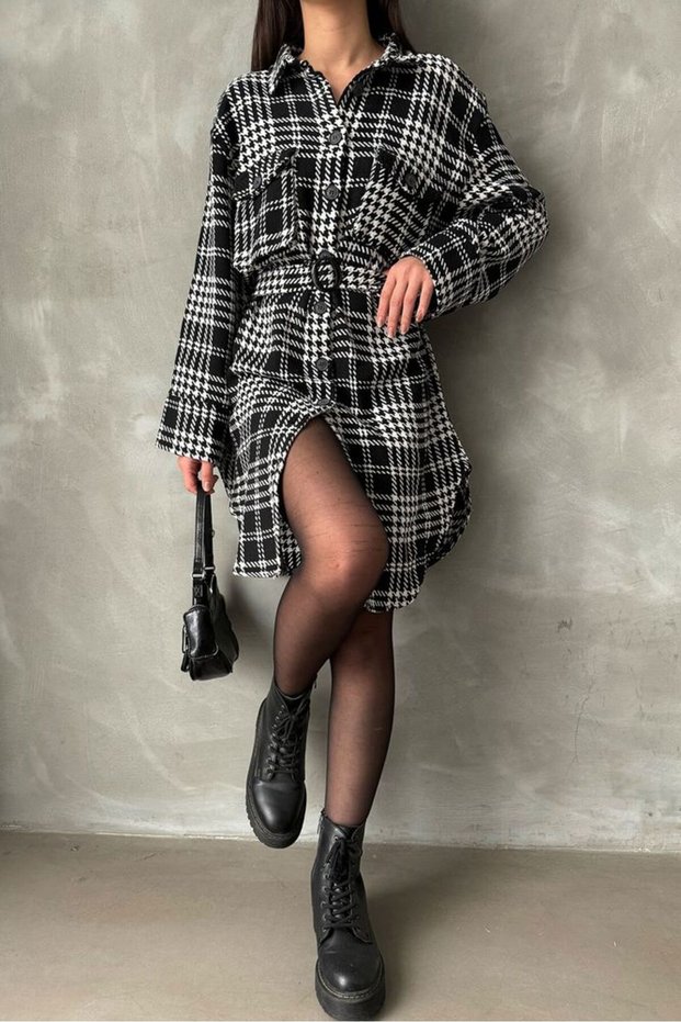 Houndstooth Plaid Dress - Black Plaid Houndstooth | Vmf1118 - Black Plaid Houndstooth