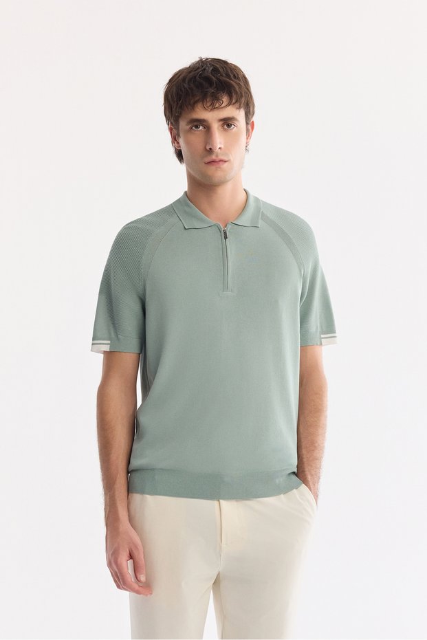 Men's Nile Green Polo Collar Zippered Rayon Blended Regular Fit Knitwear T-Shirt A61Y5009