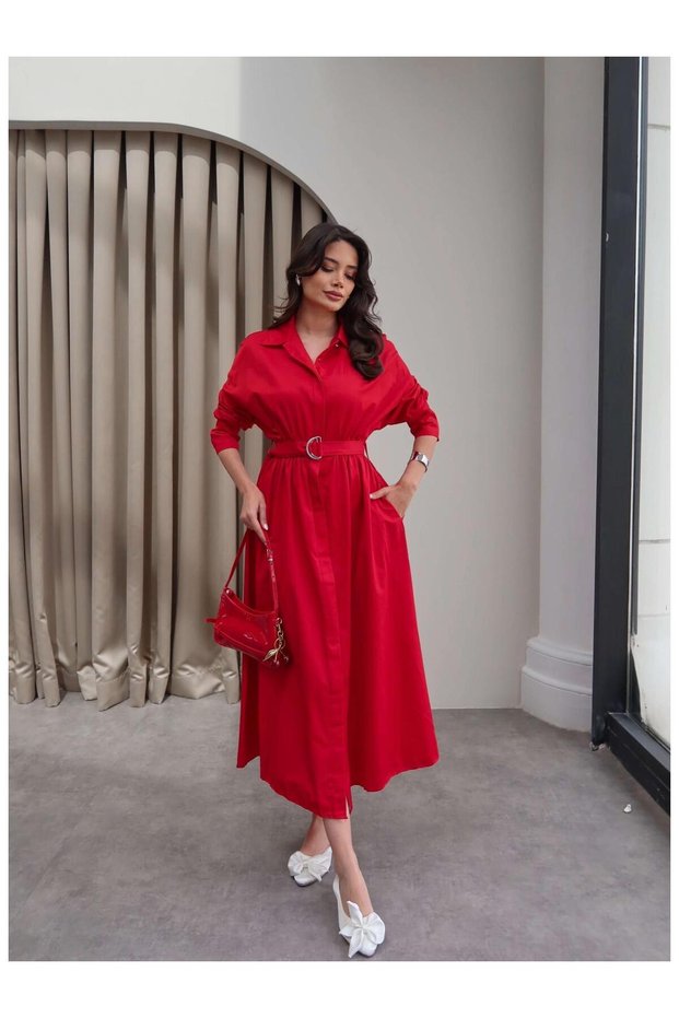 Poplin Fabric Belted Shirt Dress