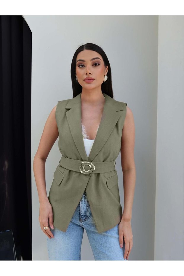 Linen Vest with Gold Buckle Belt