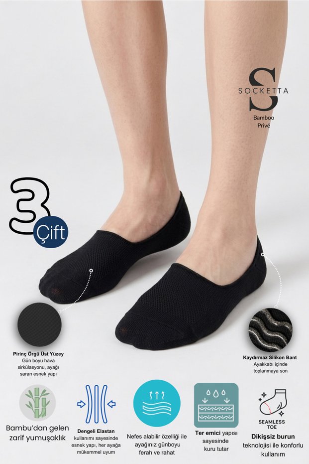 3 Pack Black Men's Bamboo Seamless Flexible Non-Slip Invisible Ballerina Socks - Premium