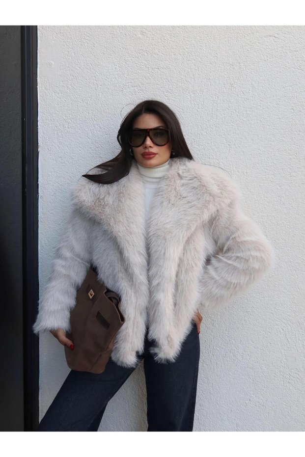 Shawl Collar Snap Fastener Faux Fur