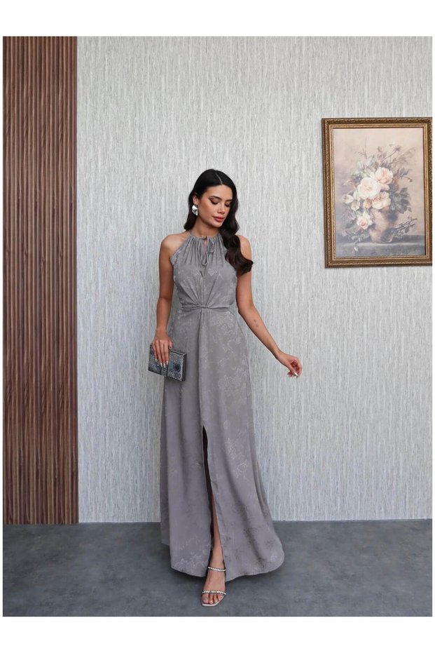 Gray Patterned Belted Dress
