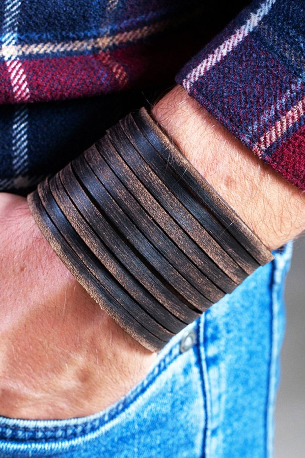 Handcrafted Antique Brown Sliced Leather Bracelet Ft41