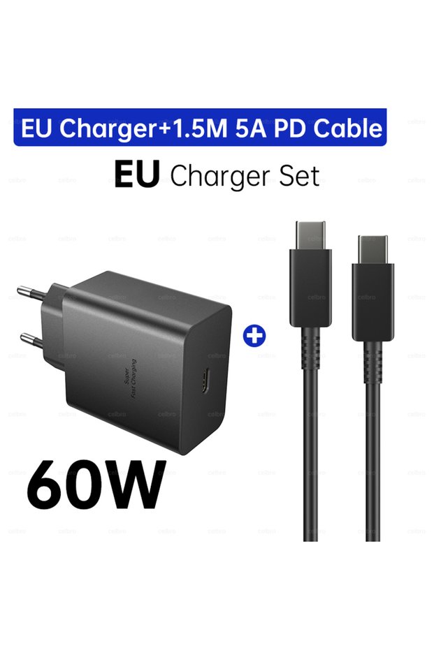 EU and 1.5M Cable 60W 45W Super Fast Charger USB C Plug with USB C Cable For Samsung S26 S25 S24 S23