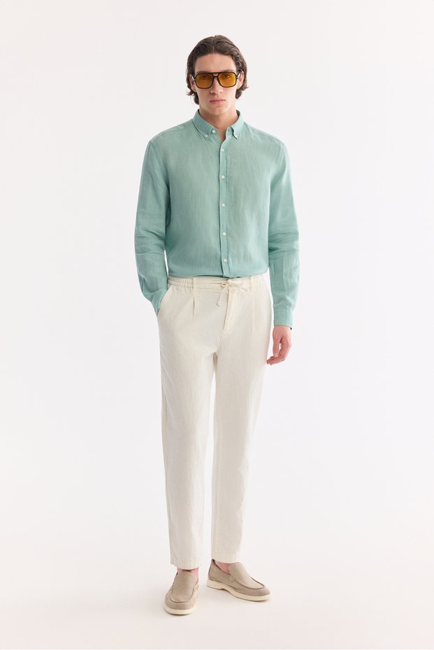 Men's Off-White Waist-Tied Linen Blend Chino Relaxed Fit Trousers B003036