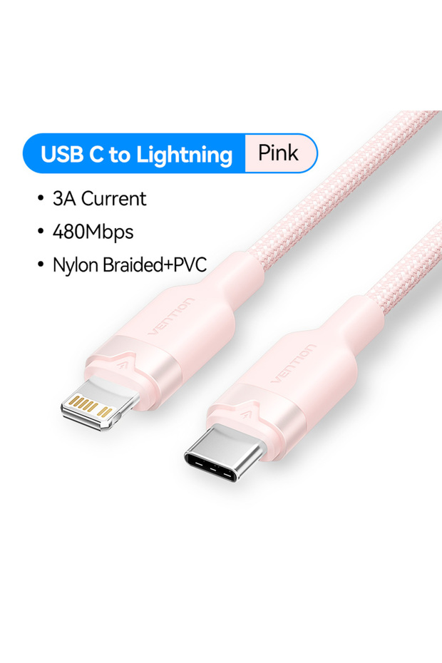 1m Pink Vention 27W USB C to Lightning Cable for iPhone 14 13 12 Pro Max PD Fast Charging Type C Cab