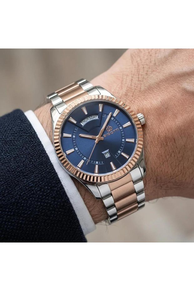 Navy Blue Dial with Calendar Steel Case Silver and Rose Gold Color 2 Year Warranty Men's Wristwatch - Bg.1.10138.4