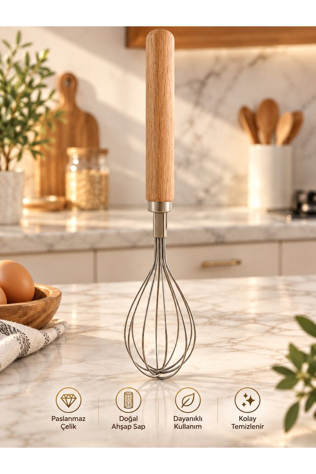 Steel Whisk with Wooden Handle - Egg and Sauce Whisk, Kitchen Whisk, Whisk