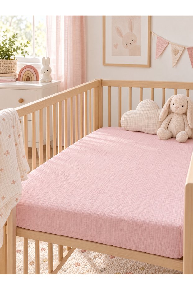 100% Cotton Muslin Elastic Baby Bed Sheet 70X120 Cm, Air-Permeable Muslin Baby Bed Sheet - White / Ecru / Pink