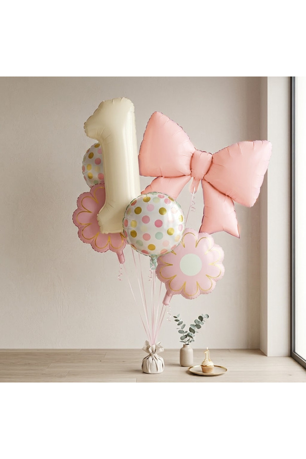 1 Year Old Birthday Concept Balloon Set with Pink Bows and Flowers - Pastel Colored Cream Number Foil Balloon Garland